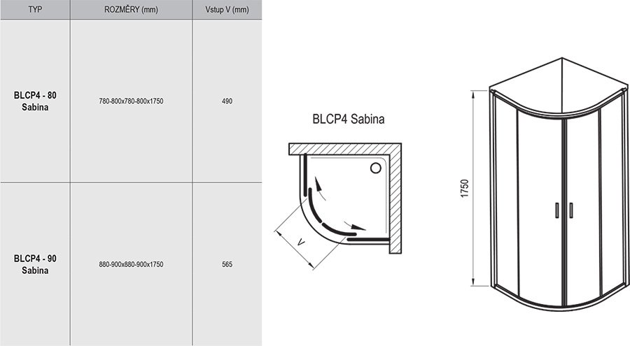 Štvrťkruhový sprchovací kút znížený Blix BLCP4 Sabina