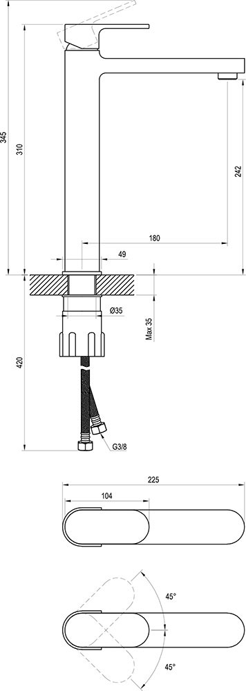 Mezclador de repisa para lavabos 310 mm, sin desagüe