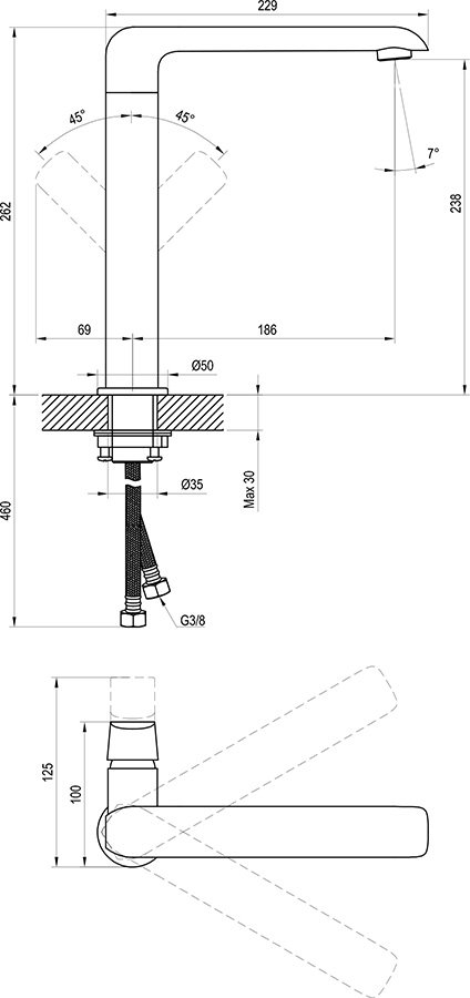 Umývadlová stojacia batéria Flat bez výpustu 261 mm