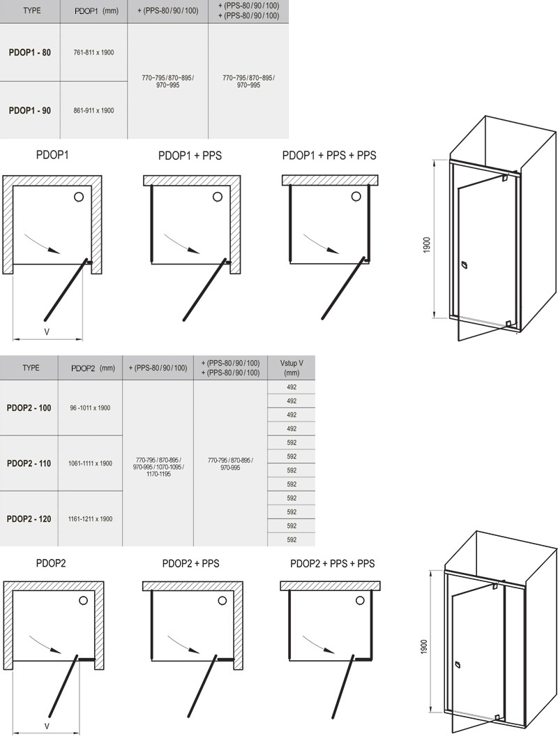 Sprchové dvere s pevnou stenou Pivot PDOP1/PDOP2 + PPS