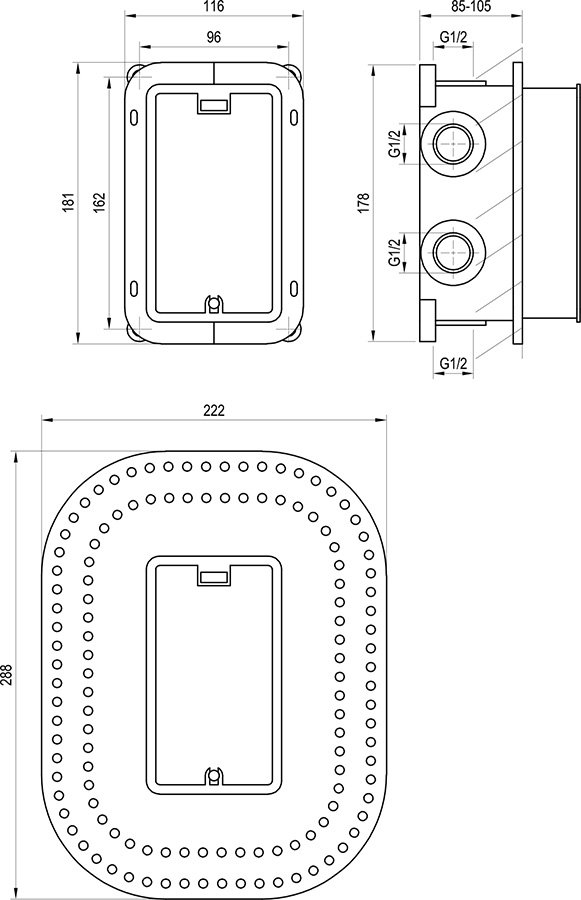 R-box Multi háromutas alaptest falba süllyesztett többutas termosztátos csaptelepekhez, RB 071.50