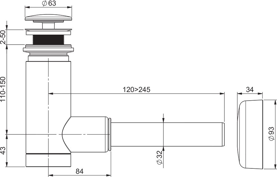 Sifón para muebles de lavabo con desagüe fijo