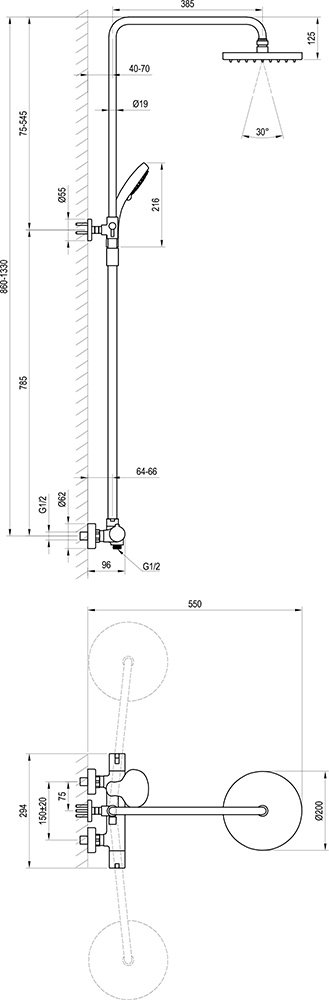 Sprchový stĺp s termostatickou batériou TE 091.00/150