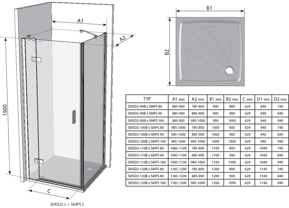 Sprchové dvere s pevnou stenou SmartLine SMSD2 + SMPS