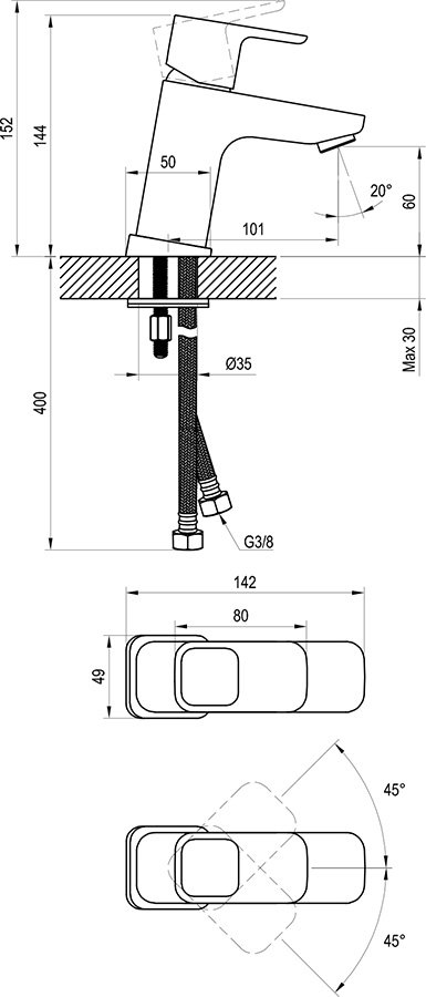 10° álló mosdócsaptelep leeresztő nélkül, 145 mm