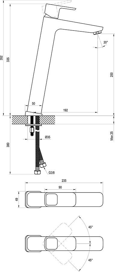 Mezclador de repisa para lavabos, 333 mm, sin desagüe